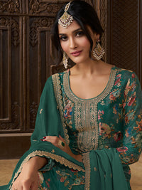 Green Chinon Floral Printed Top with Embroidery Kurta Suit Set