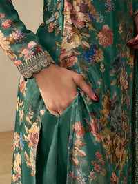 Green Chinon Floral Printed Top with Embroidery Kurta Suit Set