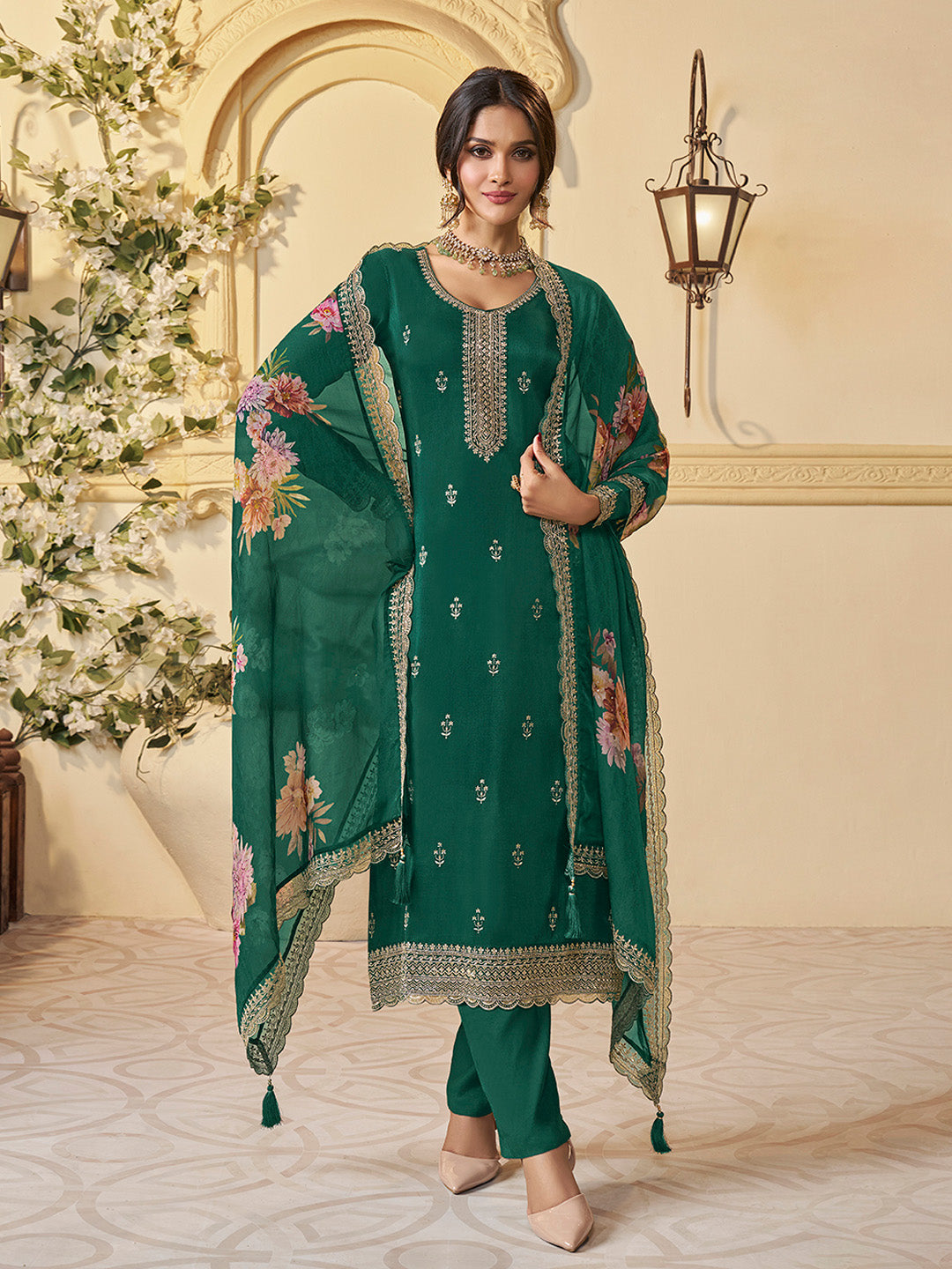 Green Munga Silk Embroidered Top with Matching Trouser and Digital Print Dupatta