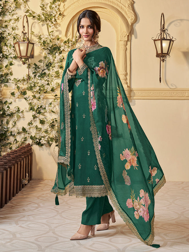 Green Munga Silk Embroidered Top with Matching Trouser and Digital Print Dupatta