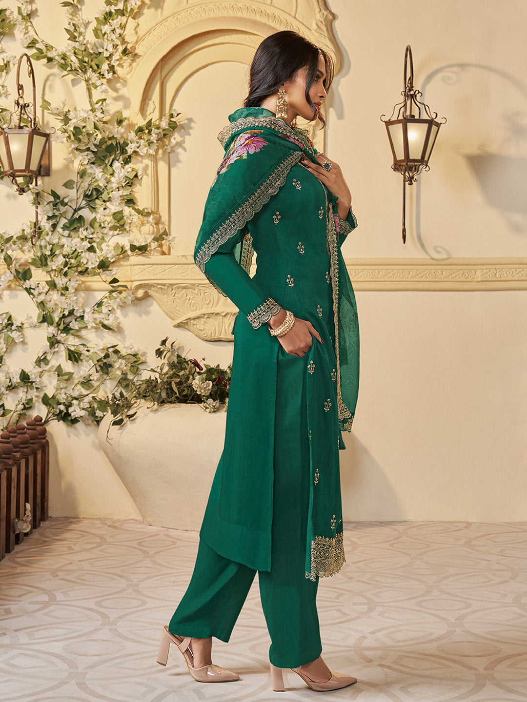 Green Munga Silk Embroidered Top with Matching Trouser and Digital Print Dupatta
