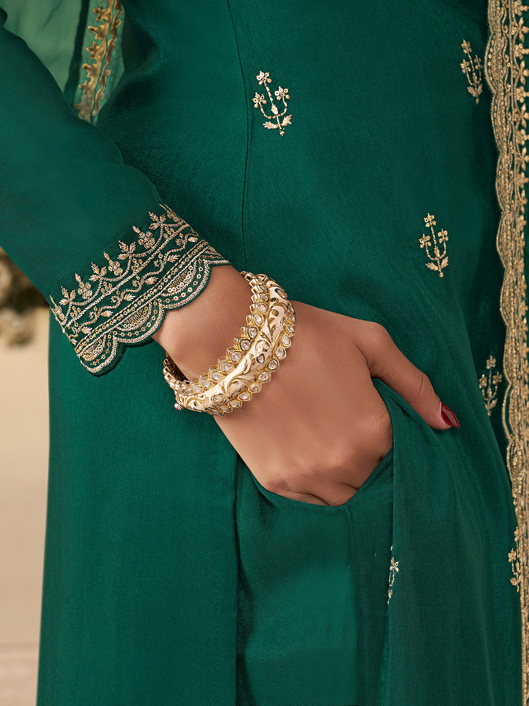 Green Munga Silk Embroidered Top with Matching Trouser and Digital Print Dupatta