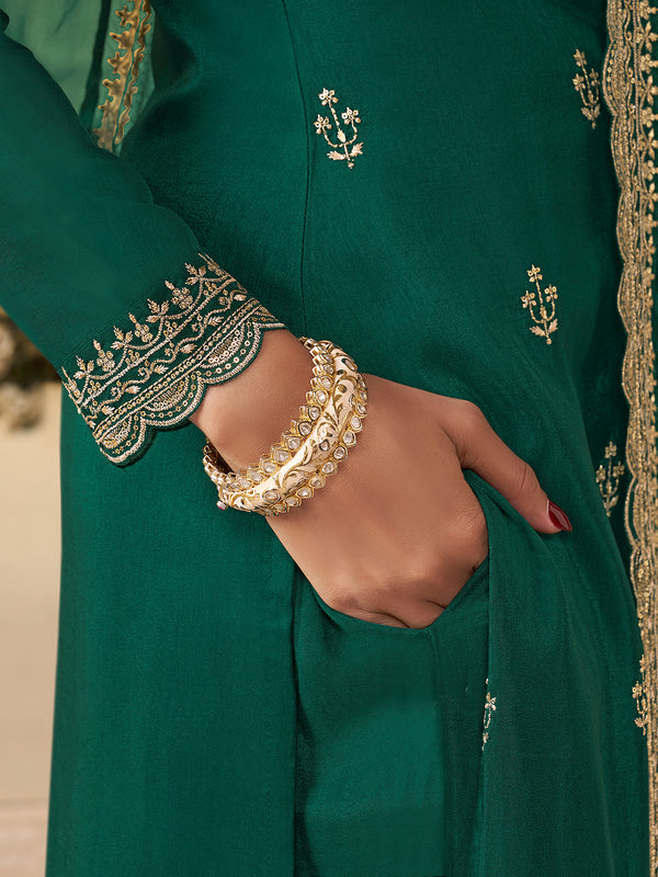 Green Munga Silk Embroidered Top with Matching Trouser and Digital Print Dupatta