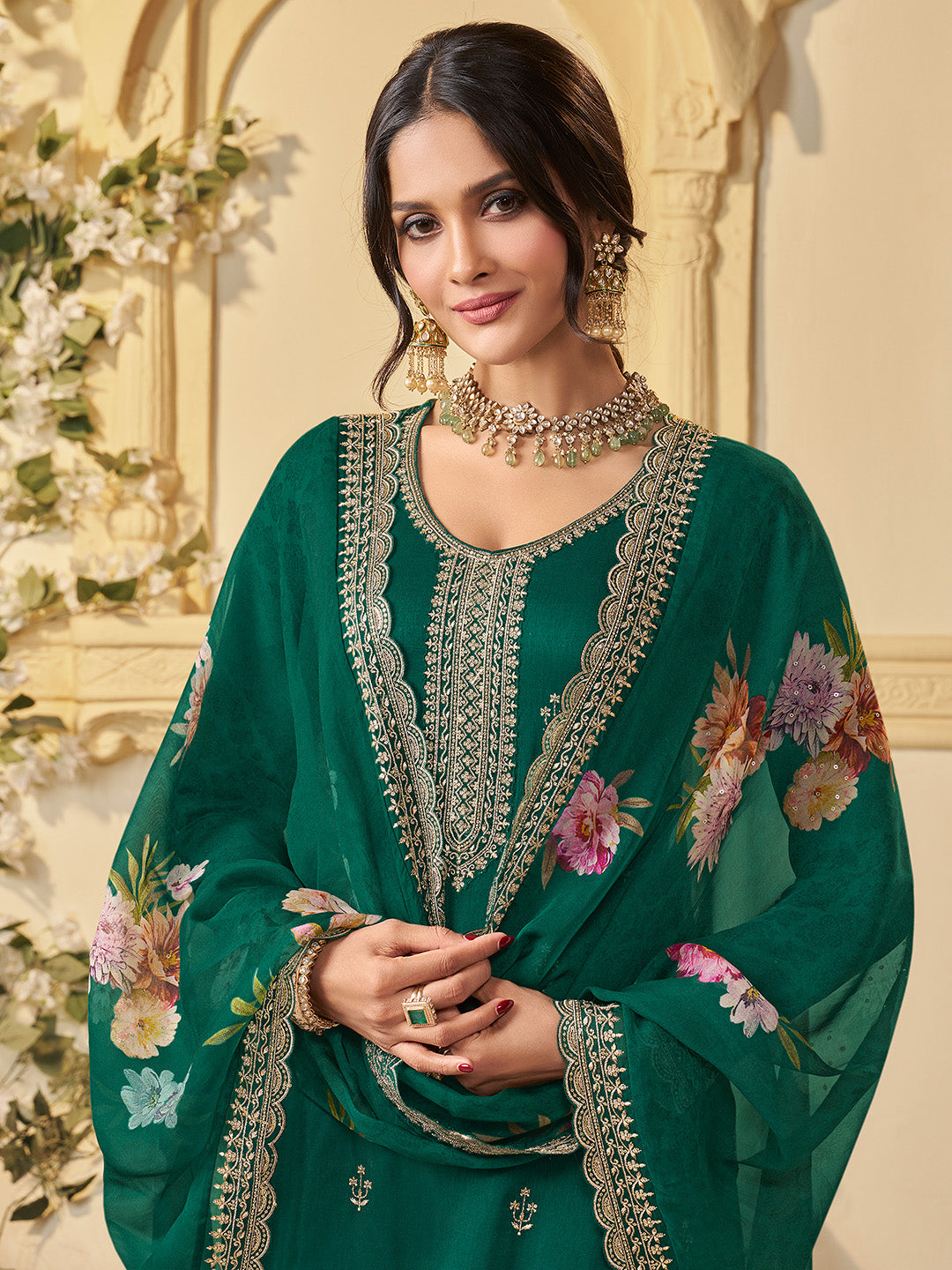 Green Munga Silk Embroidered Top with Matching Trouser and Digital Print Dupatta