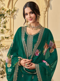 Green Munga Silk Embroidered Top with Matching Trouser and Digital Print Dupatta