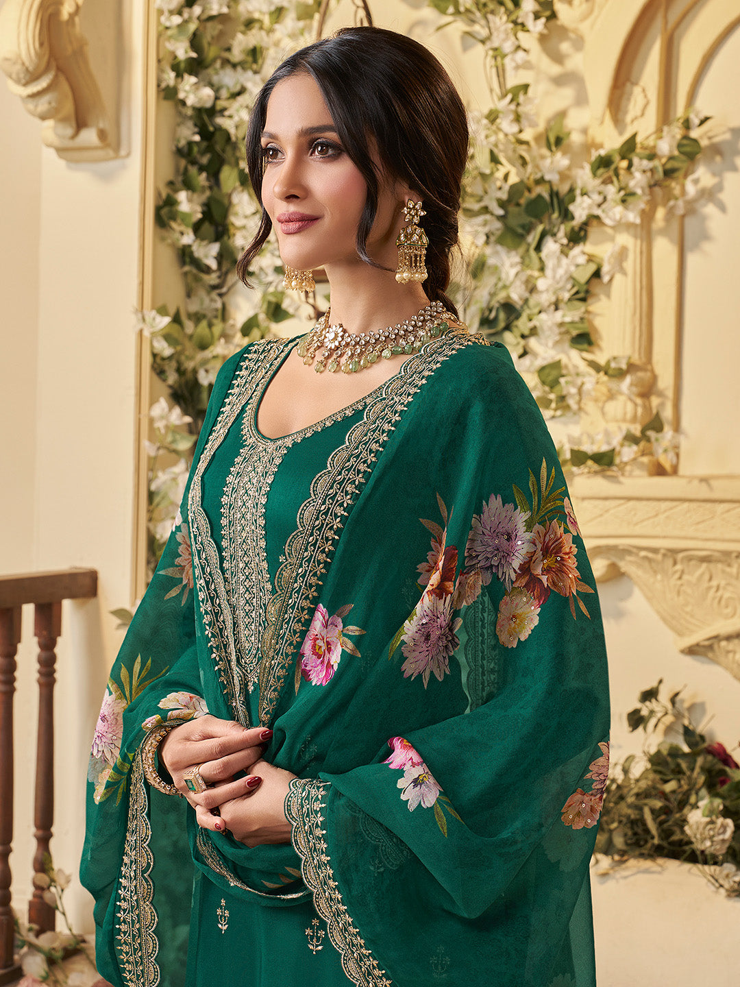 Green Munga Silk Embroidered Top with Matching Trouser and Digital Print Dupatta