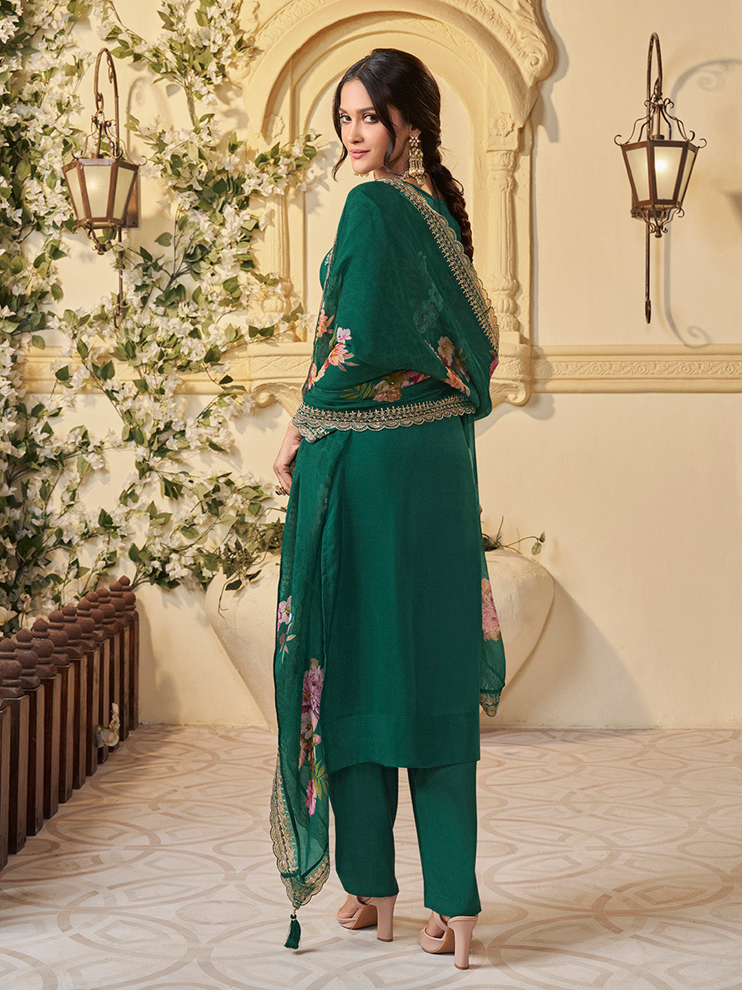 Green Munga Silk Embroidered Top with Matching Trouser and Digital Print Dupatta