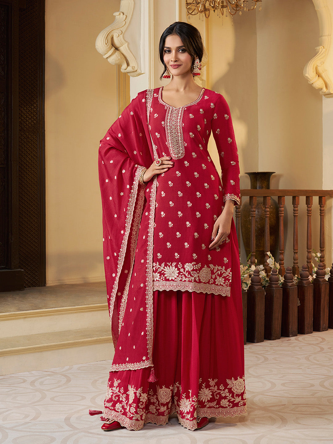 Red Chinon Top with Thread Embroidery and Sharara Suit Set