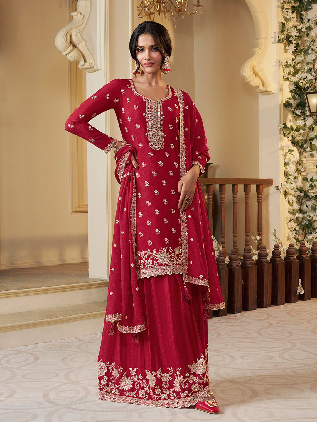 Red Chinon Top with Thread Embroidery and Sharara Suit Set