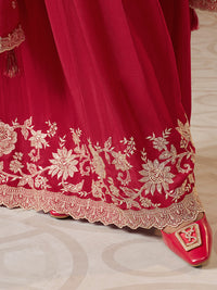 Red Chinon Top with Thread Embroidery and Sharara Suit Set