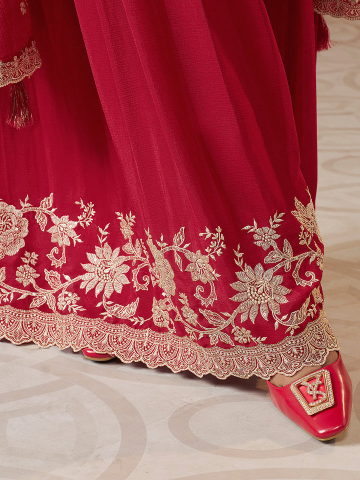 Red Chinon Top with Thread Embroidery and Sharara Suit Set