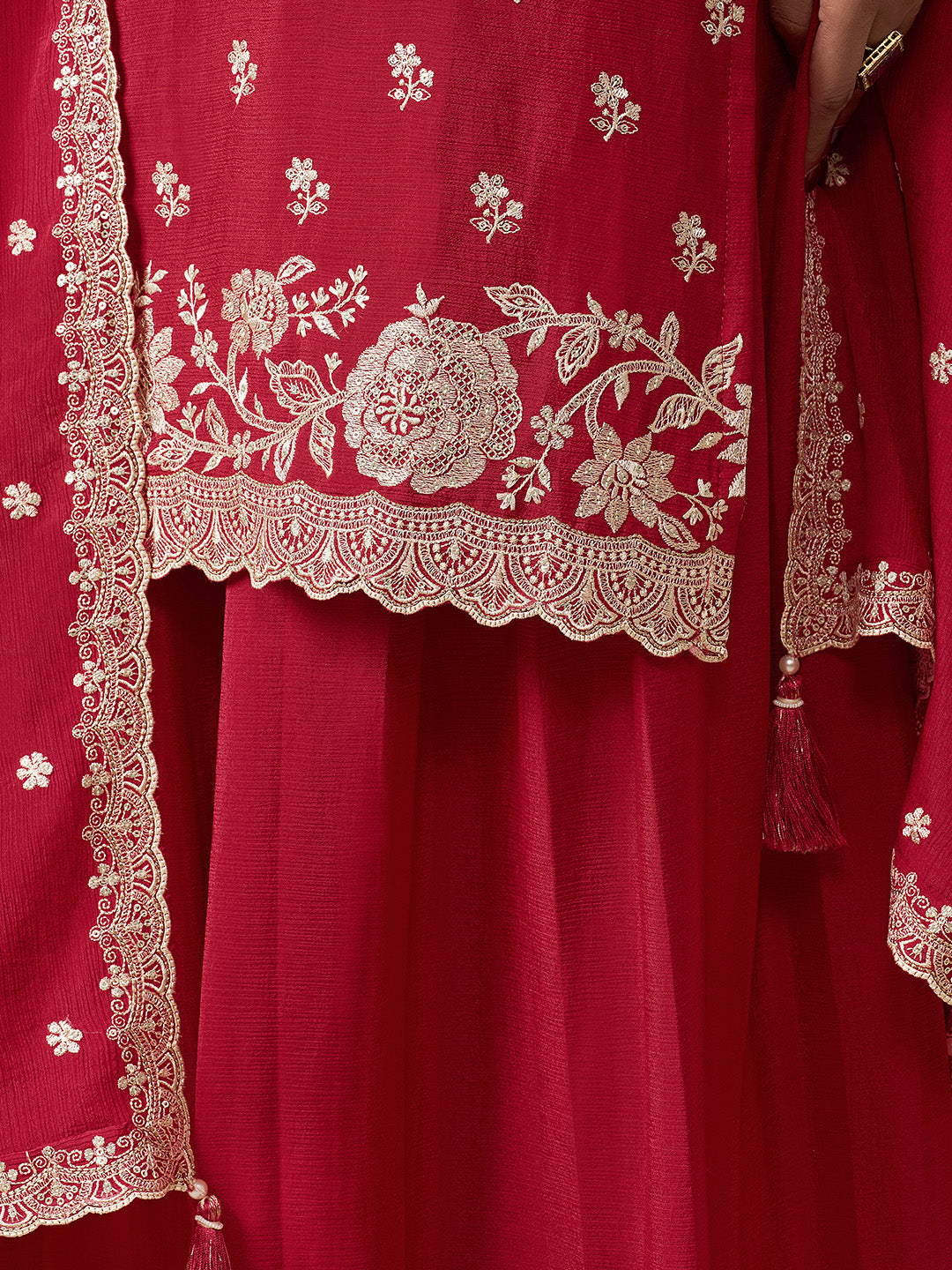 Red Chinon Top with Thread Embroidery and Sharara Suit Set