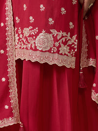 Red Chinon Top with Thread Embroidery and Sharara Suit Set