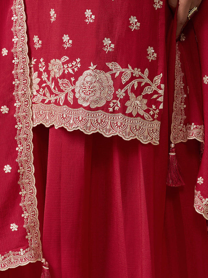 Red Chinon Top with Thread Embroidery and Sharara Suit Set
