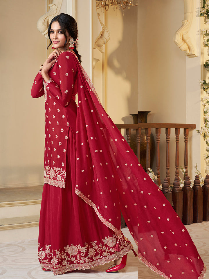 Red Chinon Top with Thread Embroidery and Sharara Suit Set