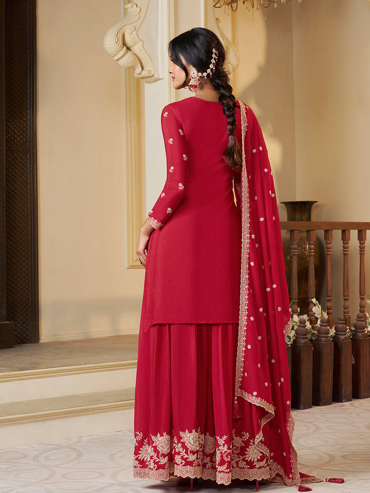 Red Chinon Top with Thread Embroidery and Sharara Suit Set