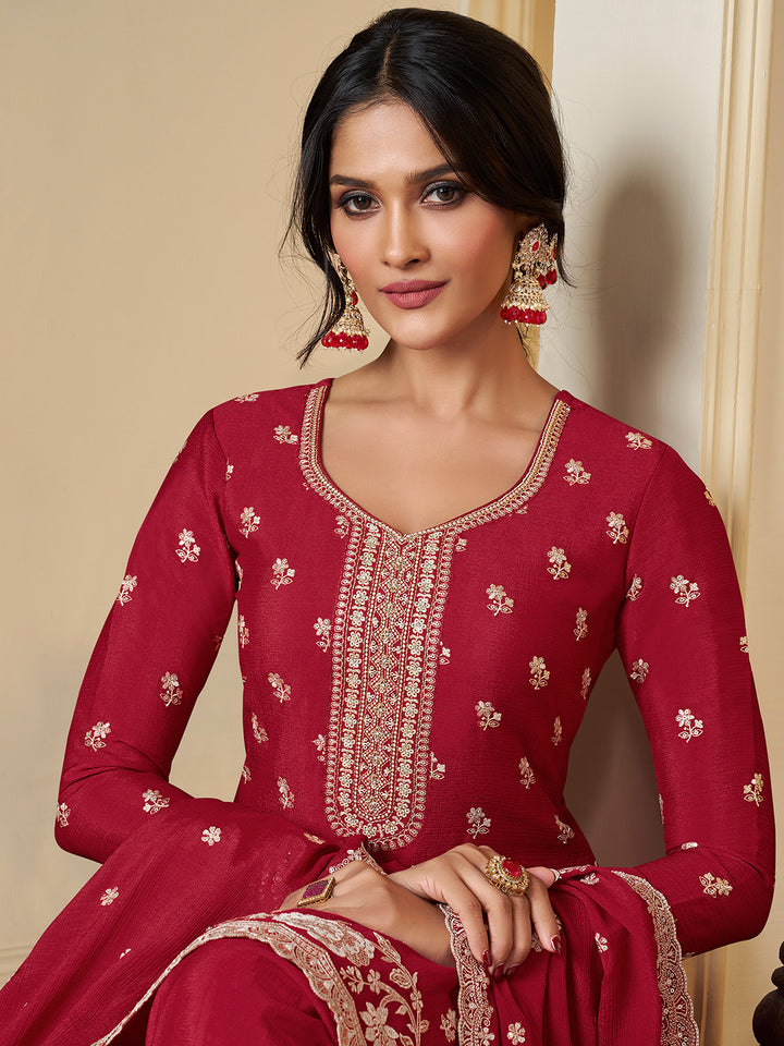 Red Chinon Top with Thread Embroidery and Sharara Suit Set