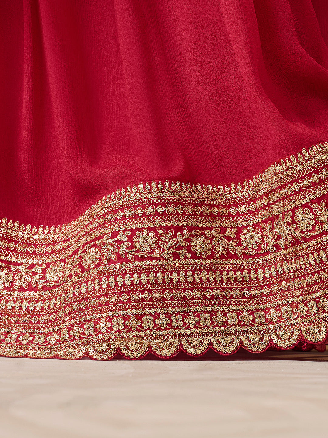 Red Chinon Embroidered Top with Matching Sharara and Dupatta Suit Set
