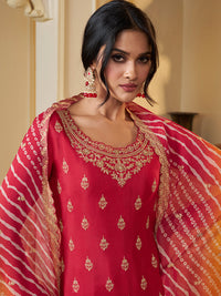 Red Chinon Embroidered Top with Matching Sharara and Dupatta Suit Set