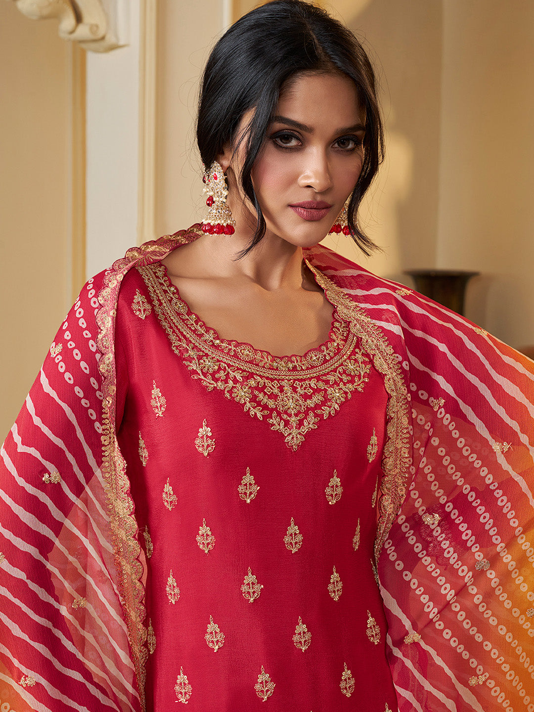 Red Chinon Embroidered Top with Matching Sharara and Dupatta Suit Set