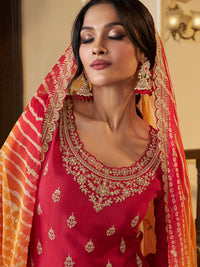 Red Chinon Embroidered Top with Matching Sharara and Dupatta Suit Set