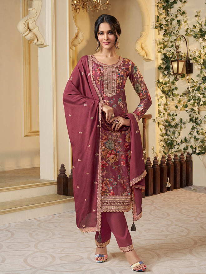 Red Chinon Floral Printed Top with Embroidery Kurta Suit Set