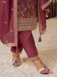 Red Chinon Floral Printed Top with Embroidery Kurta Suit Set