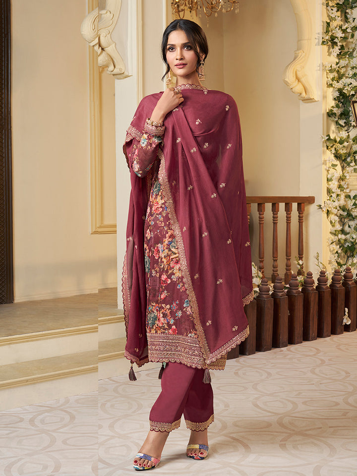 Red Chinon Floral Printed Top with Embroidery Kurta Suit Set