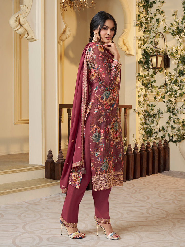 Red Chinon Floral Printed Top with Embroidery Kurta Suit Set