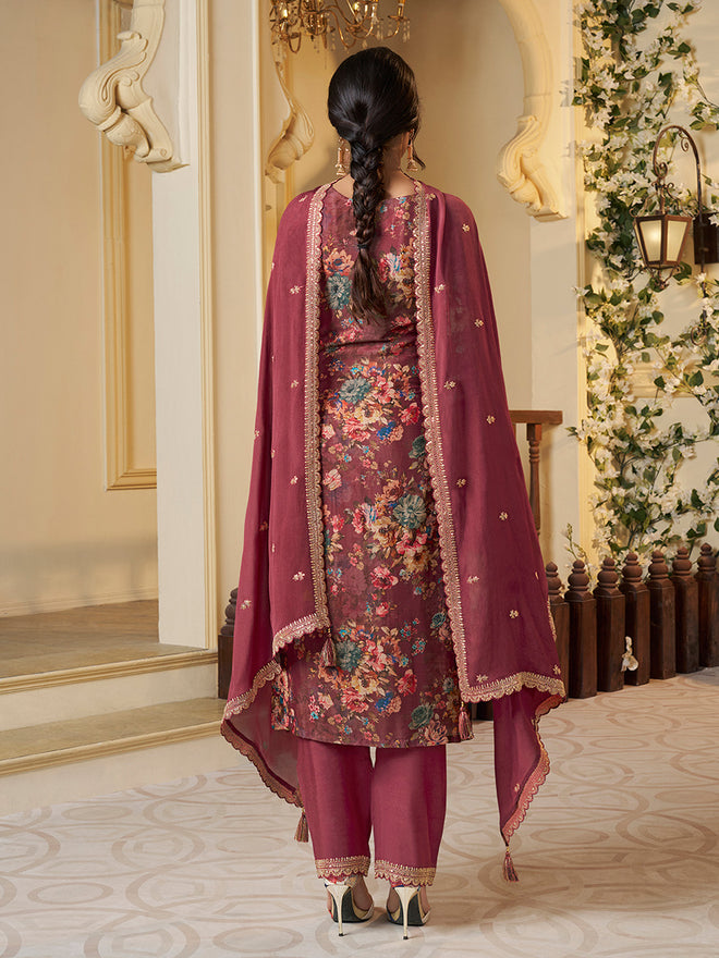 Red Chinon Floral Printed Top with Embroidery Kurta Suit Set
