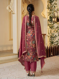 Red Chinon Floral Printed Top with Embroidery Kurta Suit Set