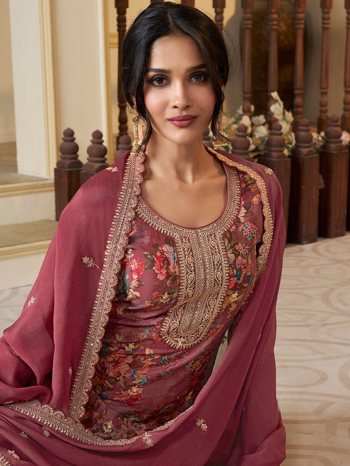 Red Chinon Floral Printed Top with Embroidery Kurta Suit Set