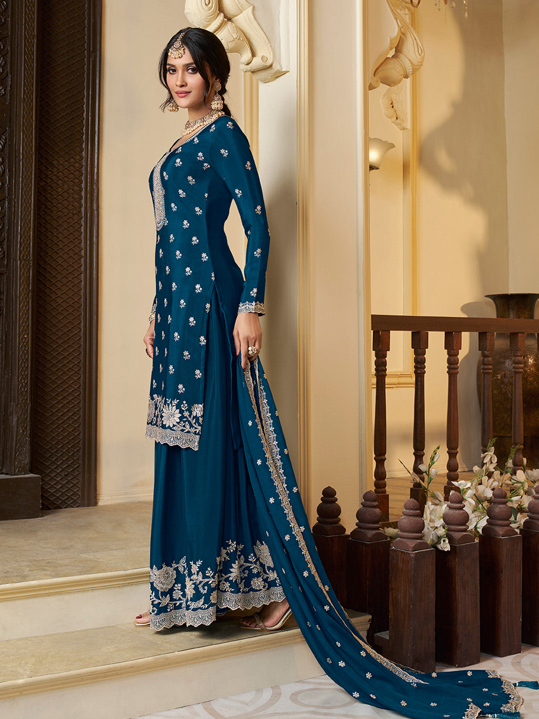 Blue Chinon Top with Thread Embroidery and Sharara Suit Set