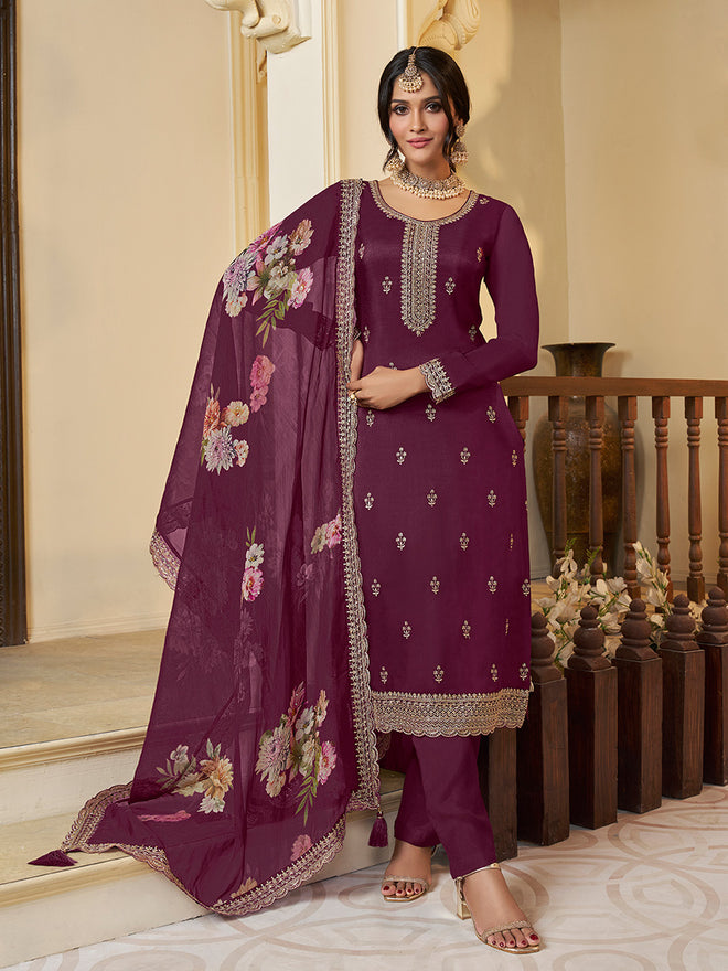 Wine Munga Silk Embroidered Top with Matching Trouser and Digital Print Dupatta