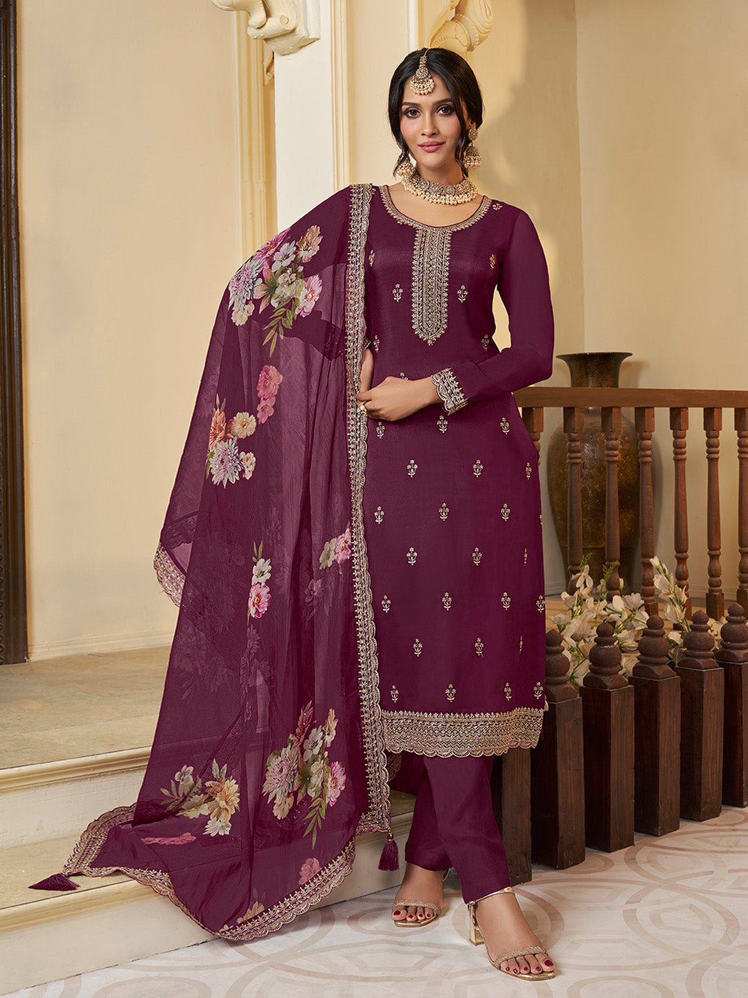 Wine Munga Silk Embroidered Top with Matching Trouser and Digital Print Dupatta