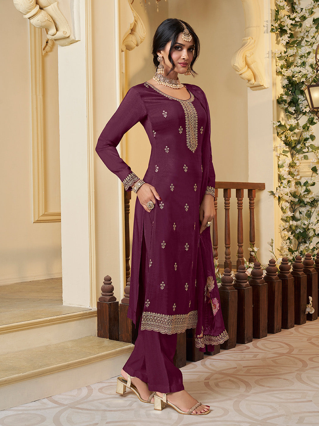 Wine Munga Silk Embroidered Top with Matching Trouser and Digital Print Dupatta