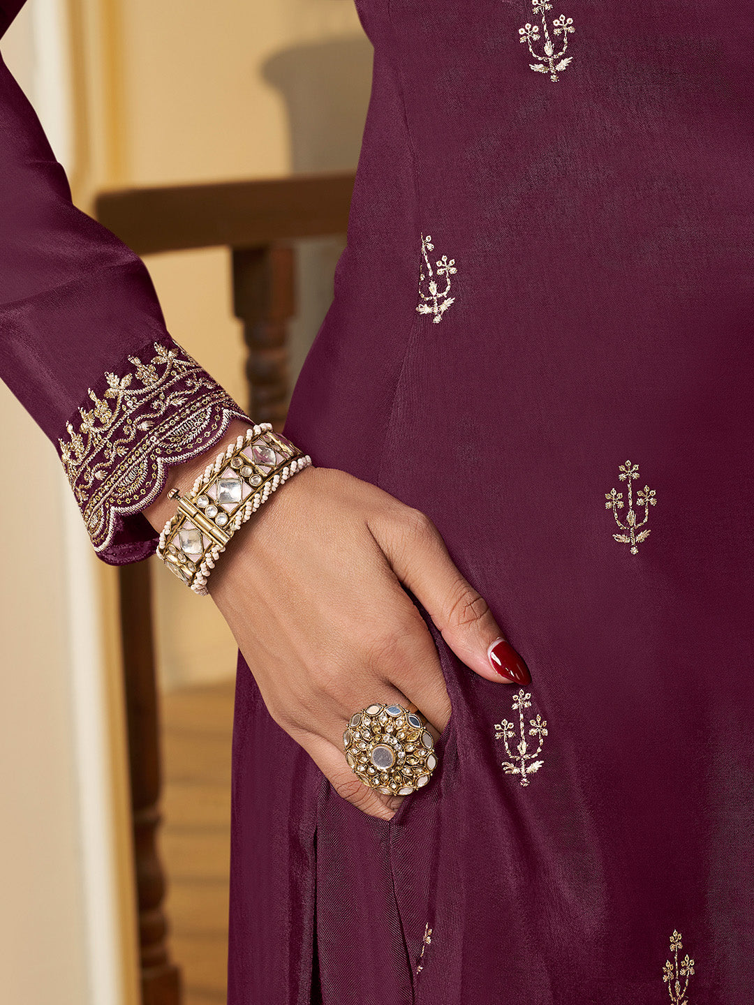 Wine Munga Silk Embroidered Top with Matching Trouser and Digital Print Dupatta