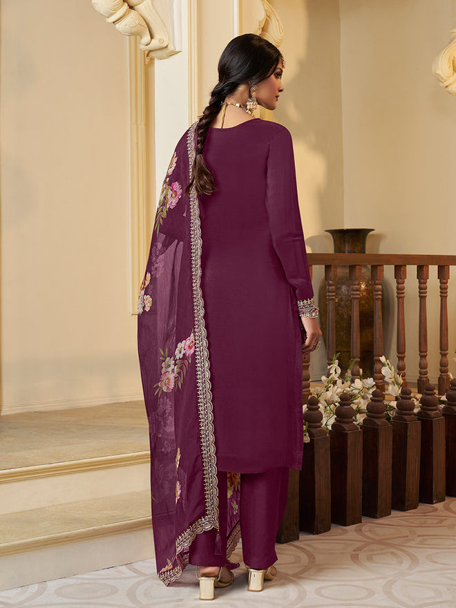 Wine Munga Silk Embroidered Top with Matching Trouser and Digital Print Dupatta
