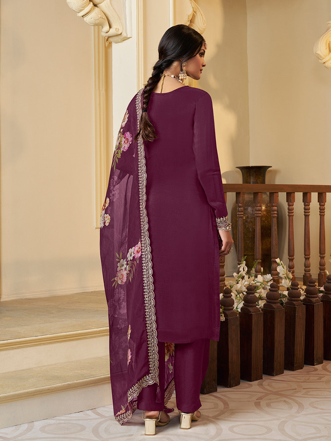Wine Munga Silk Embroidered Top with Matching Trouser and Digital Print Dupatta