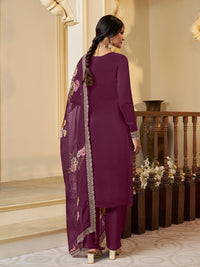 Wine Munga Silk Embroidered Top with Matching Trouser and Digital Print Dupatta