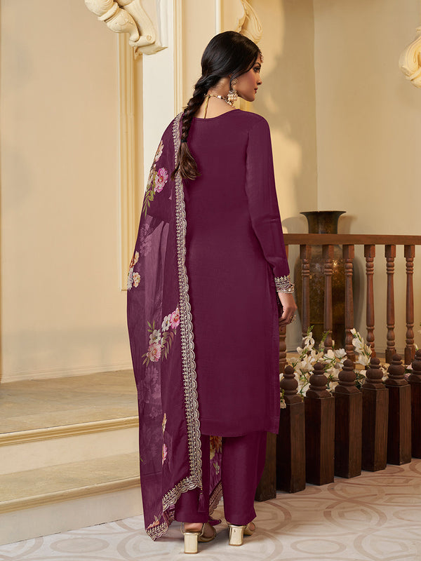 Wine Munga Silk Embroidered Top with Matching Trouser and Digital Print Dupatta