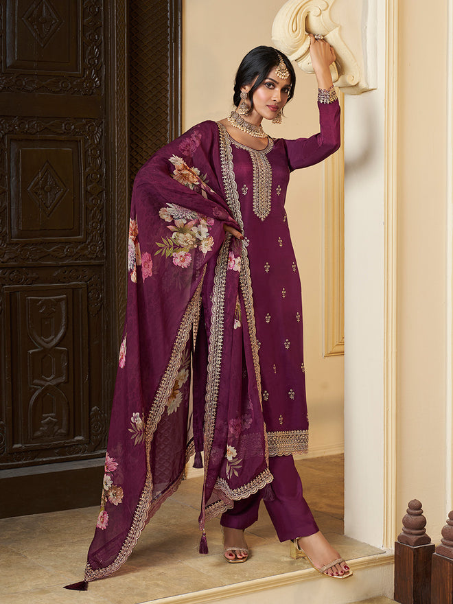 Wine Munga Silk Embroidered Top with Matching Trouser and Digital Print Dupatta