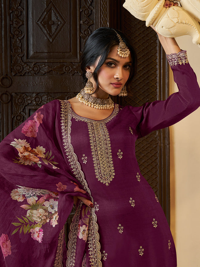 Wine Munga Silk Embroidered Top with Matching Trouser and Digital Print Dupatta