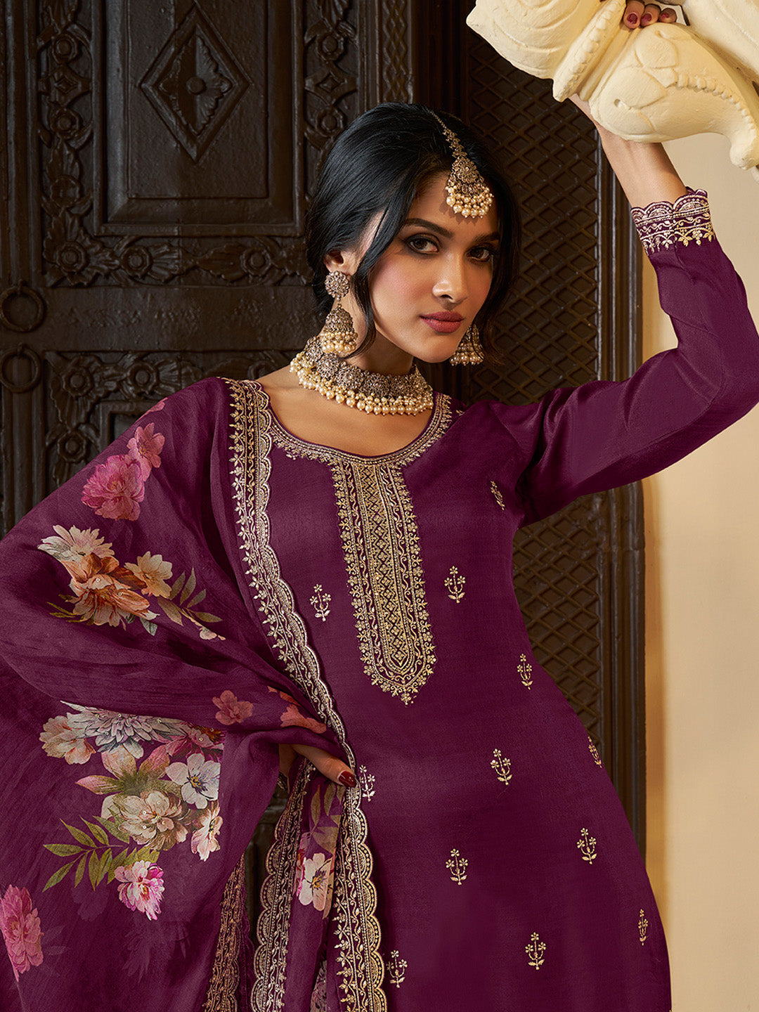 Wine Munga Silk Embroidered Top with Matching Trouser and Digital Print Dupatta