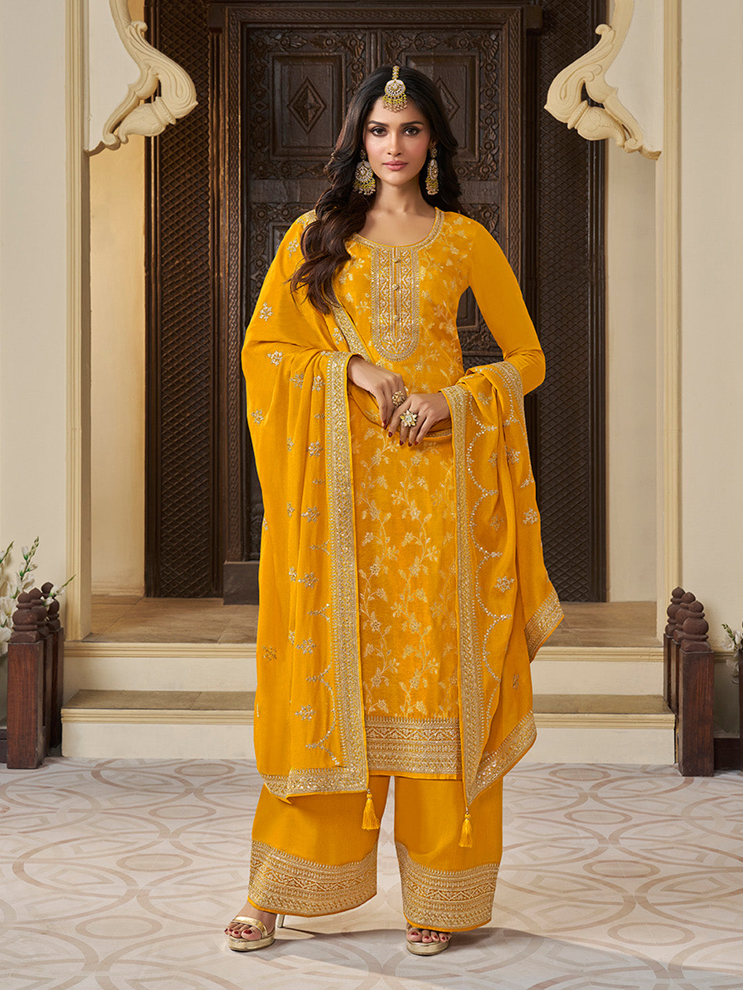 Yellow Chinon Floral Jacquard Embroidered Top with Palazzo Suit Set
