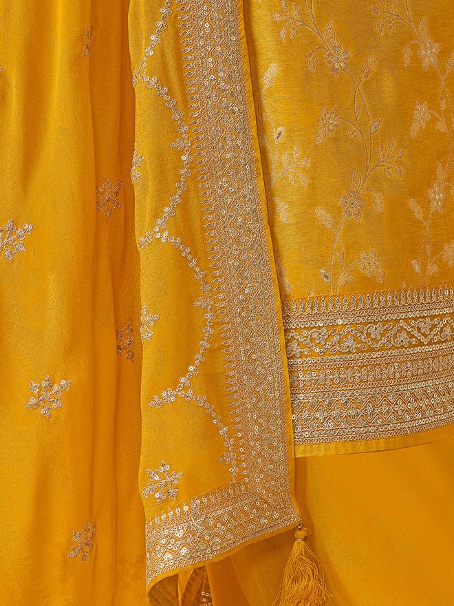 Yellow Chinon Floral Jacquard Embroidered Top with Palazzo Suit Set