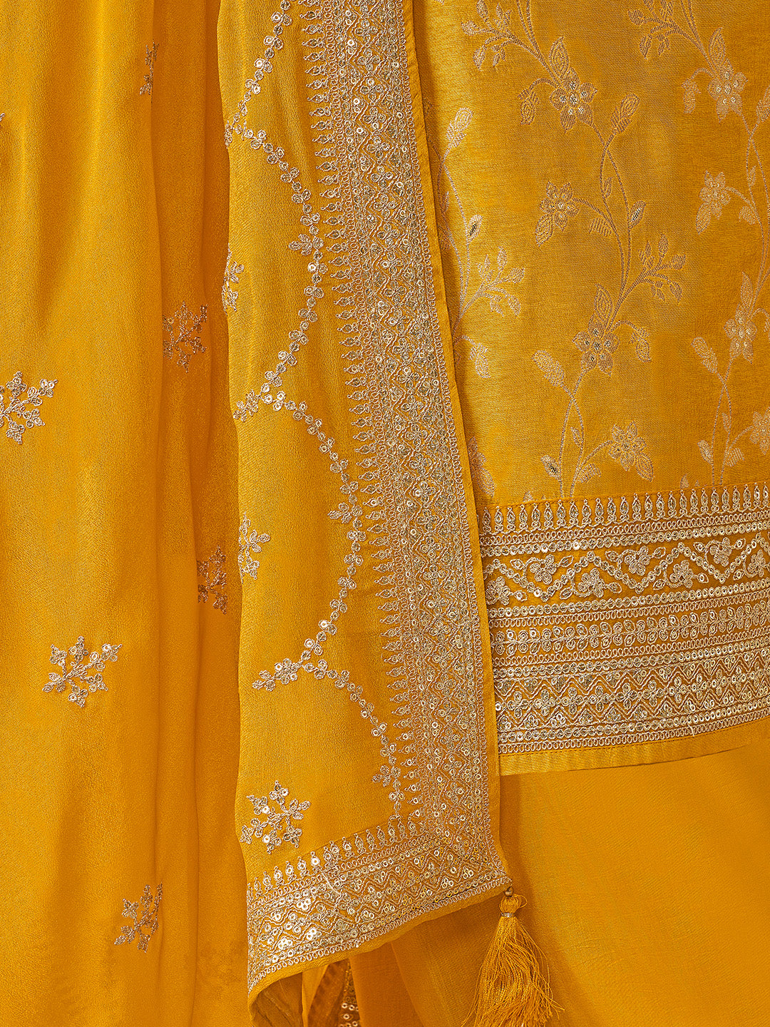 Yellow Chinon Floral Jacquard Embroidered Top with Palazzo Suit Set