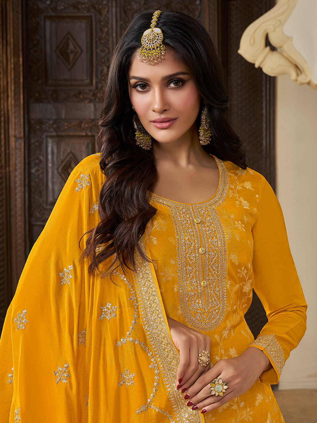 Yellow Chinon Floral Jacquard Embroidered Top with Palazzo Suit Set