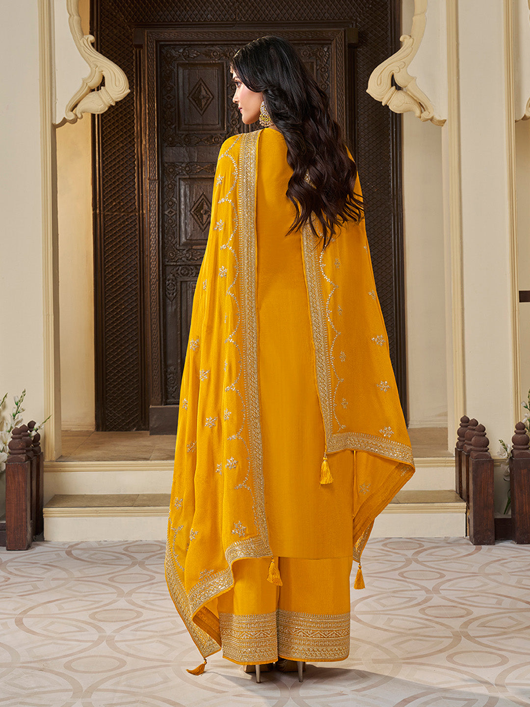 Yellow Chinon Floral Jacquard Embroidered Top with Palazzo Suit Set