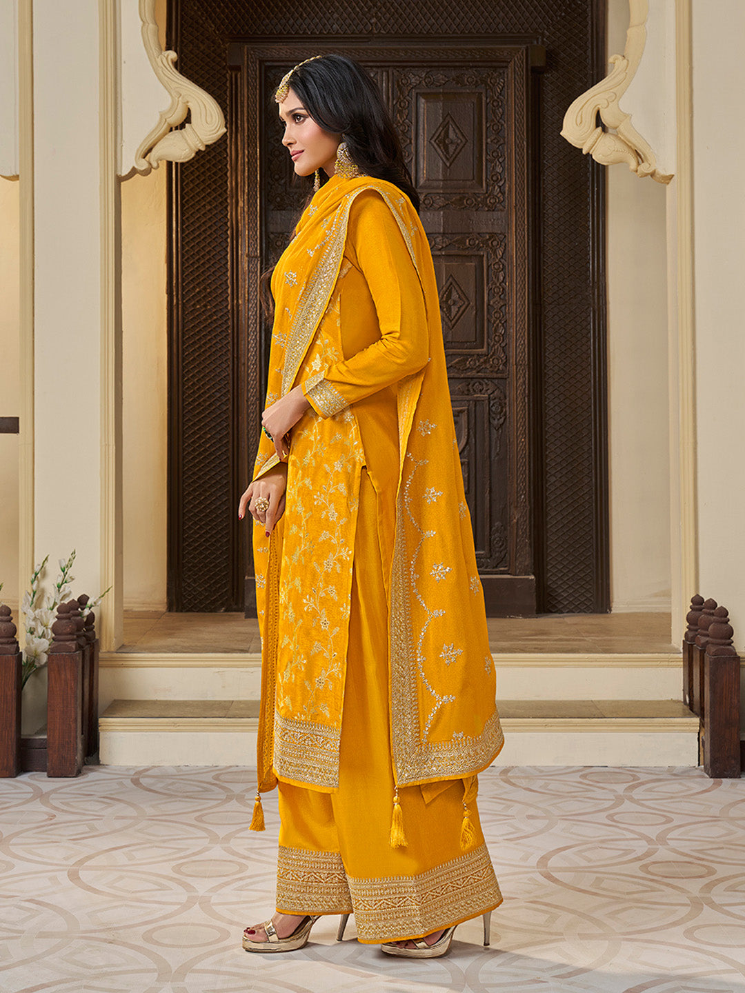 Yellow Chinon Floral Jacquard Embroidered Top with Palazzo Suit Set